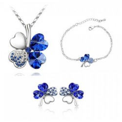 Platinum plated sky royal blue CZ diamonds four leaf pendant with earrings and bracelet